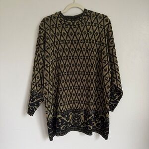 Vintage Distinctly Different Gold Black Metallic‎ Knit Sweater Oversized L